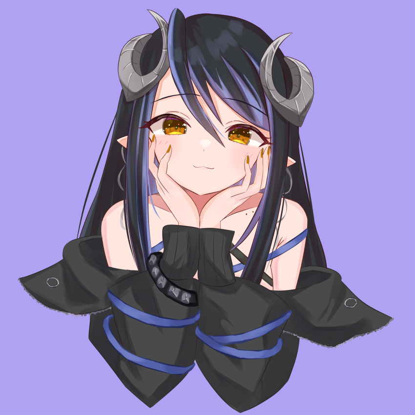 1girl absurdres belt black_belt black_hair black_jacket blue_belt blue_hair blush brown_eyes brown_nails chest_belt closed_mouth collarbone commentary cropped_torso curled_horns demon_girl demon_horns fingernails grey_horns hair_between_eyes hands_on_own_cheeks hands_on_own_face hebiyoi_tier highres horns jacket long_hair long_sleeves looking_at_viewer multicolored_hair nanashi_inc. off_shoulder pointy_ears purple_background sairenji_(o70at) sidelocks simple_background smile snake_bite solo two-tone_hair upper_body virtual_youtuber