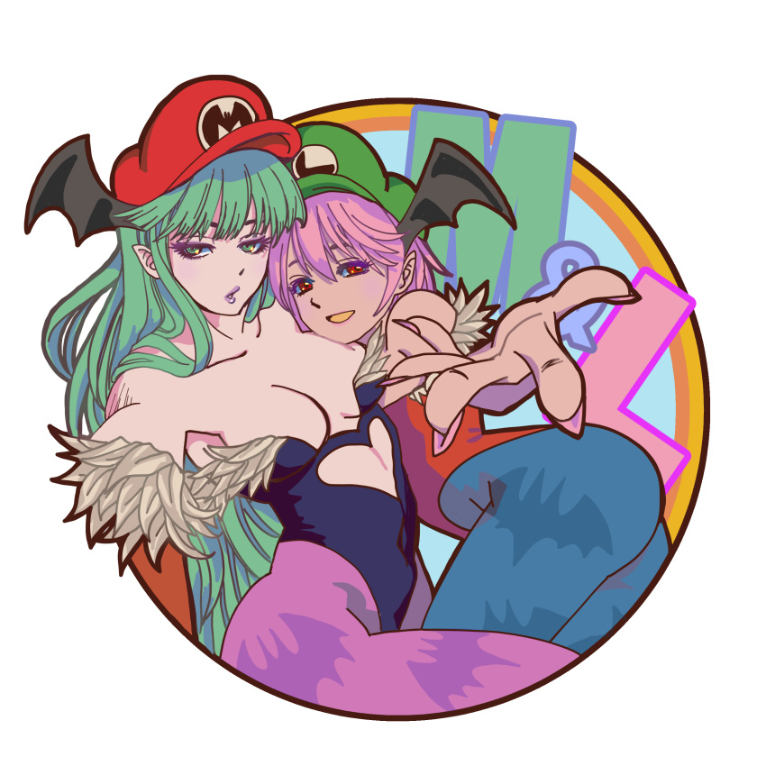 2girls absurdres bat_wings blue_pantyhose breasts cleavage clothing_cutout cosplay demon_girl green_eyes green_hair grin head_on_another's_shoulder head_wings heart_cutout highres leotard lilith_aensland lipstick long_hair luigi luigi_(cosplay) makeup mario mario_(cosplay) mario_(series) mario_hat morrigan_aensland multiple_girls pantyhose parted_lips pink_hair pink_lips pink_pantyhose pointy_ears purple_lips reaching reaching_towards_viewer red_eyes short_hair smile sukerock360 vampire_(game) wings