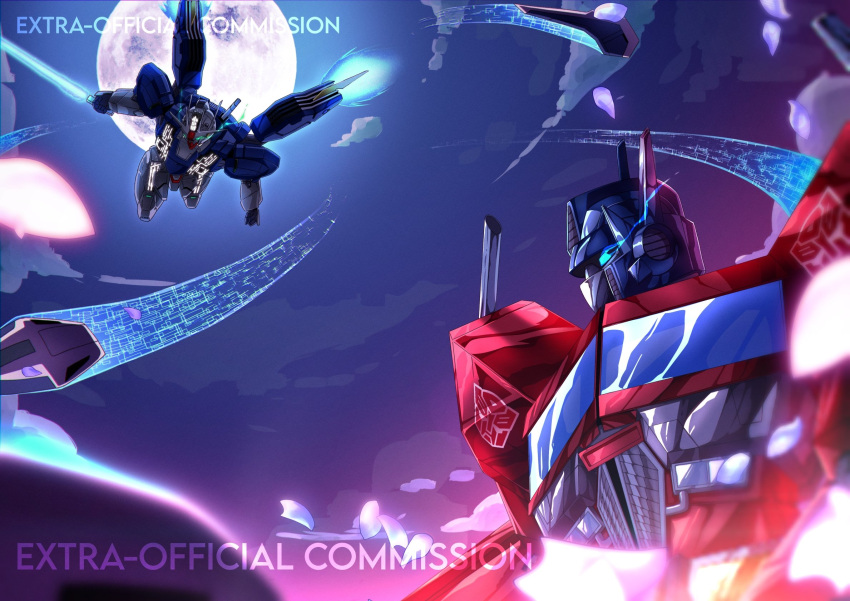 autobot beam_saber cloud commission english_commentary funnels_(gundam) glowing glowing_eye gundam_aerial_rebuild highres holding holding_sword holding_weapon jhon_lozano mecha moon night night_sky no_humans optimus_prime petals robot science_fiction sky sword transformers watermark weapon wyw_trail