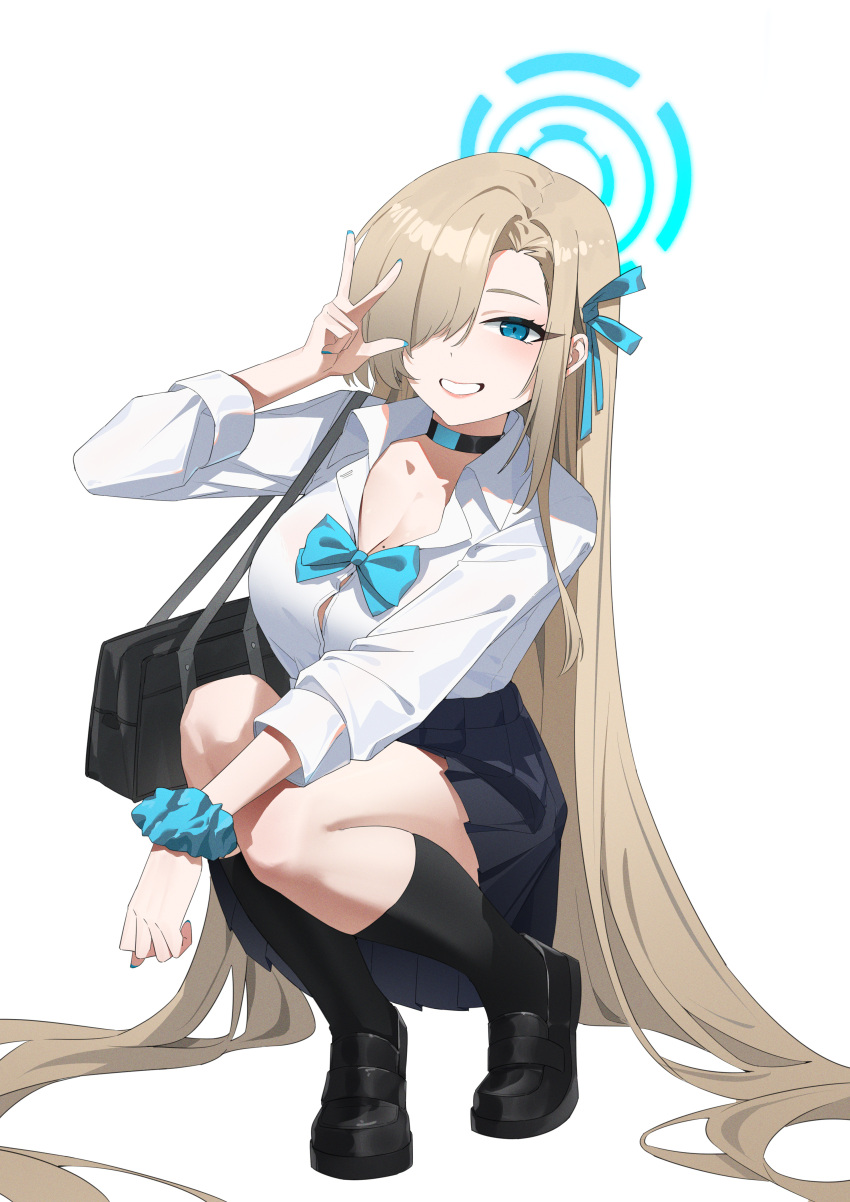 1girl absurdres asuna_(blue_archive) black_choker black_footwear black_skirt black_socks blue_archive blue_eyes blue_halo blue_ribbon blue_scrunchie breasts choker cleavage collared_shirt grin hair_over_one_eye hair_ribbon halo highres hitomi_(tongshou) large_breasts light_brown_hair long_hair long_sleeves mole mole_on_breast pleated_skirt ribbon scrunchie shirt shoes simple_background skirt smile socks solo squatting white_background white_shirt wrist_scrunchie