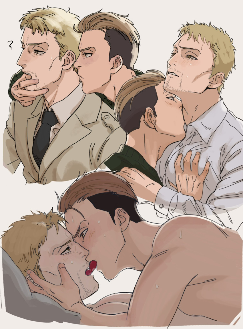 2boys ? blonde_hair blush collage cropped_torso eye_contact finger_in_another's_mouth french_kiss goatee_stubble grabbing highres kiss kissing_neck looking_at_another male_focus marley_military_uniform multiple_boys mustache_stubble nude pectoral_grab porco_galliard reiner_braun shingeki_no_kyojin shirt short_hair sssida3 sweat tongue tongue_out yaoi