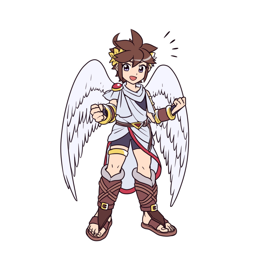 1boy 72kuri ahoge angel angel_wings armlet bike_shorts blue_eyes brown_hair clenched_hands full_body highres kid_icarus kid_icarus_uprising laurel_crown male_focus notice_lines open_mouth pit_(kid_icarus) scarf simple_background smile solo white_background wings