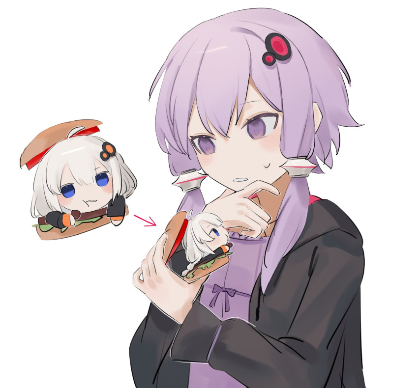2girls ahoge arrow_(symbol) black_hoodie blue_eyes blush blush_stickers braid burger chibi commentary_request dress eating food full_mouth hair_ornament halter_dress halterneck hand_on_own_chin hands_up highres holding holding_food hood hood_down hoodie in_food kizuna_akari light_purple_hair long_sleeves looking_at_another mini_person minigirl multiple_girls multiple_views open_clothes open_hoodie parted_lips pink_hoodie projected_inset purple_dress purple_eyes san-shikaku simple_background stroking_own_chin sweatdrop two-tone_hoodie upper_body vocaloid voiceroid white_background white_hair yuzuki_yukari