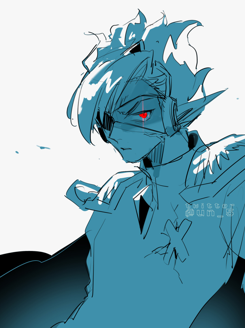 1boy anger_vein artist_name cape captain_spaceboy eyepatch glowing glowing_eye highres limited_palette looking_at_viewer male_focus omori parted_lips pointy_ears red_eyes simple_background sketch solo spot_color tendosora twitter_username upper_body white_background