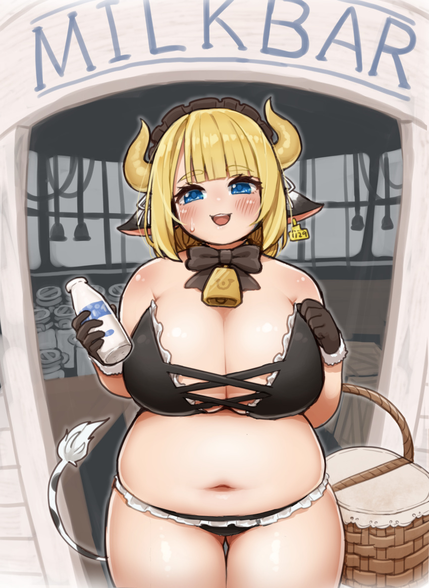 1girl absurdres animal_ears ass_visible_through_thighs basket bell big_belly bikini black_gloves blue_eyes blush bottle bow bowtie breasts cleavage commission cow_ears cow_girl cow_horns cow_tail cowbell ear_tag frilled_bikini frills gloves highres holding holding_basket holding_bottle horns huge_breasts ichika_(ichika_manga) maid maid_bikini milk_bottle milking_machine navel neck_bell open_mouth original plump skeb_commission smile solo sweatdrop swimsuit tail thigh_gap unconventional_maid