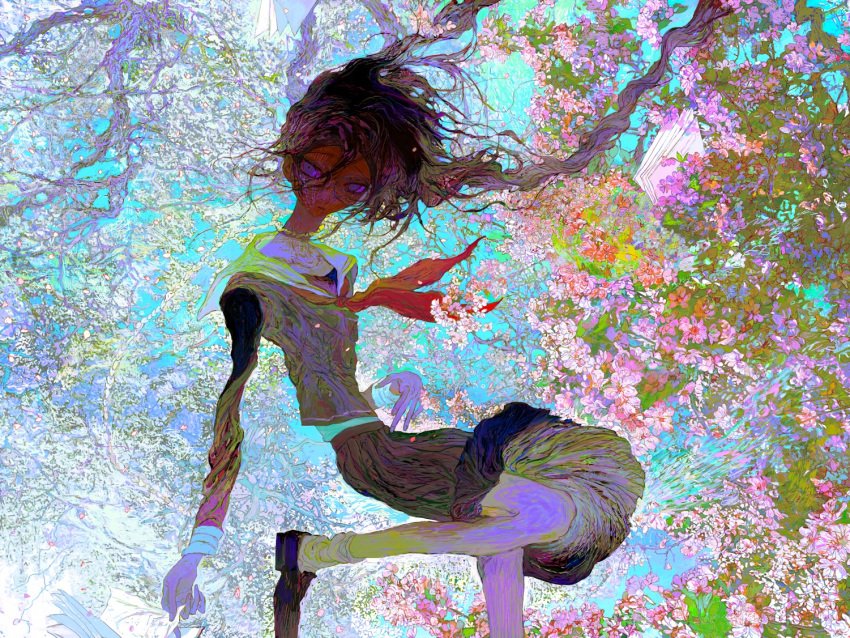 1girl abstract ankle_socks athgil blue_sky braid branch brown_footwear brown_hair brown_serafuku brown_shirt brown_skirt check_copyright cherry_blossoms closed_eyes clothes_lift collared_shirt commentary copyright_request expressionless floating_hair flower foot_out_of_frame leg_up long_hair long_sleeves low_twin_braids medium_skirt neckerchief original pink_flower purple_eyes red_neckerchief sailor_collar school_uniform serafuku shirt shoes skirt skirt_lift sky socks solo spring_(season) straight-on twin_braids white_sailor_collar white_socks