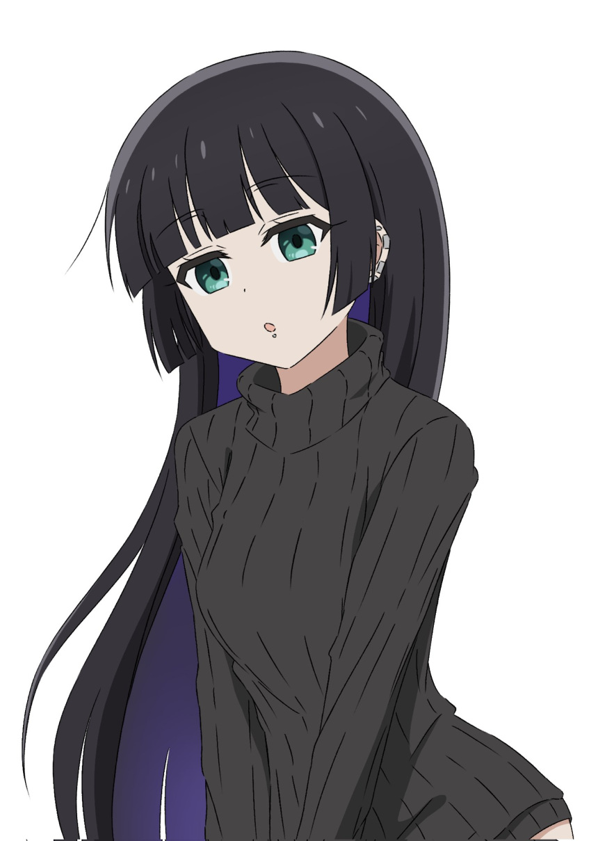 1girl :o aqua_eyes black_hair black_sweater bocchi_the_rock! chin_piercing colored_inner_hair ear_piercing highres hime_cut long_hair multicolored_hair pa-san piercing purple_hair ribbed_sweater simple_background solo sweater thundradrawings two-tone_hair upper_body very_long_hair white_background
