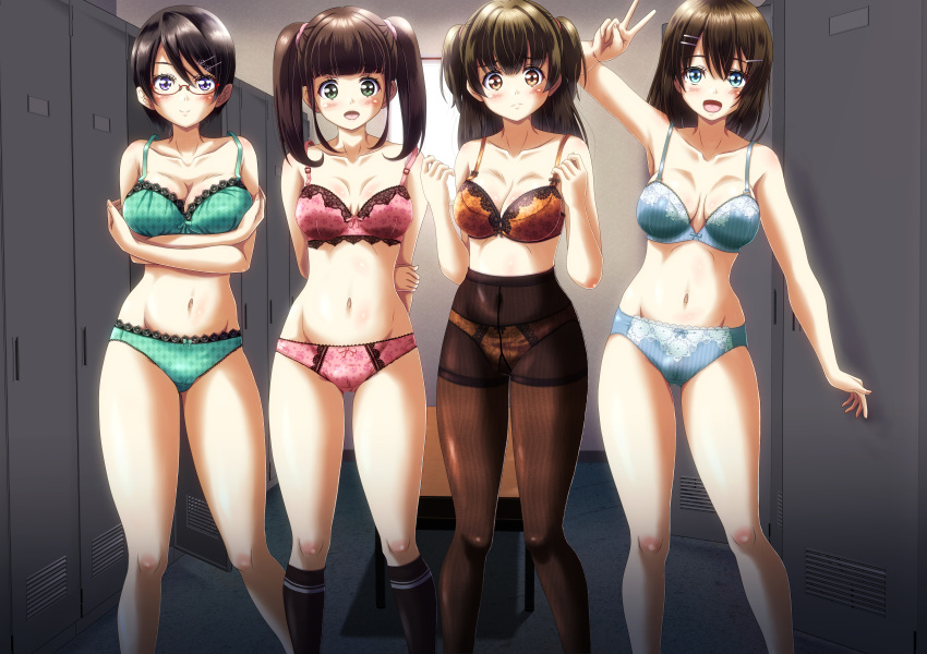 4girls absurdres black_pantyhose breasts highres hotohori_rushia large_breasts lingerie multiple_girls original panties panties_under_pantyhose pantyhose take_your_pick twintails underwear