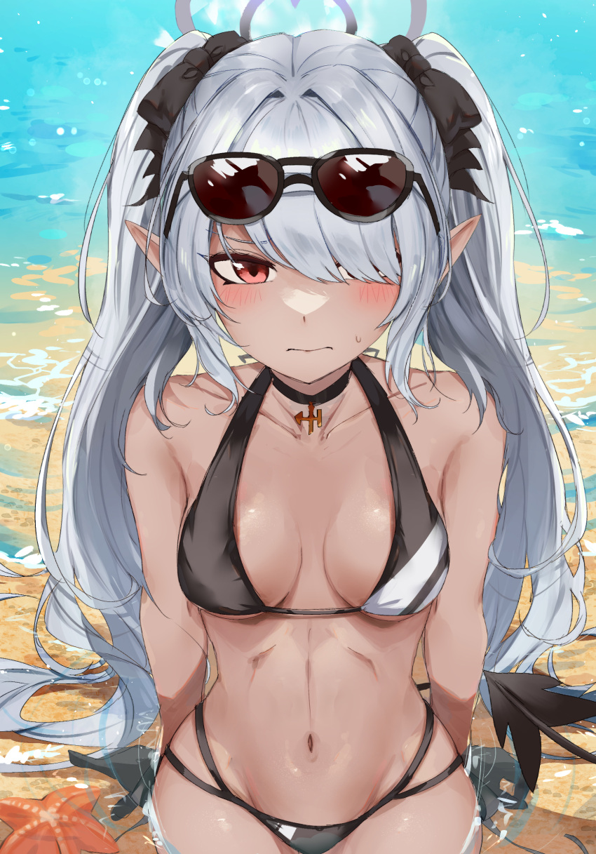 1girl beach bikini black_bikini blue_archive blush breasts choker collarbone commentary commentary_request demon_girl demon_tail hair_ribbon halo highres iori_(blue_archive) iori_(swimsuit)_(blue_archive) jewelry long_hair looking_at_viewer navel partially_submerged pendant pendant_choker pointy_ears ra_mun5239 red_eyes ribbon small_breasts solo stomach sunglasses sweatdrop swimsuit tail twintails water white_hair white_halo