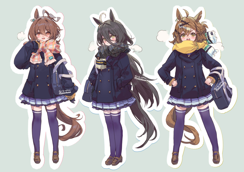 3girls agnes_tachyon_(umamusume) ahoge animal_ears artist_name bag black_hair black_scarf blue_coat brown_footwear brown_hair buttons coat commentary_request double-breasted earrings full_body hair_between_eyes hair_ornament hands_in_pockets hands_on_own_hips highres horse_ears horse_girl horse_tail jewelry jungle_pocket_(umamusume) loafers long_hair manhattan_cafe_(umamusume) multicolored_hair multiple_girls open_mouth plaid plaid_scarf pleated_skirt purple_shirt purple_thighhighs red_eyes scarf shirt shoes short_hair shoulder_bag simple_background single_earring skirt smile streaked_hair tail thighhighs tracen_winter_coat umamusume welchino white_hair x_hair_ornament yellow_eyes yellow_scarf