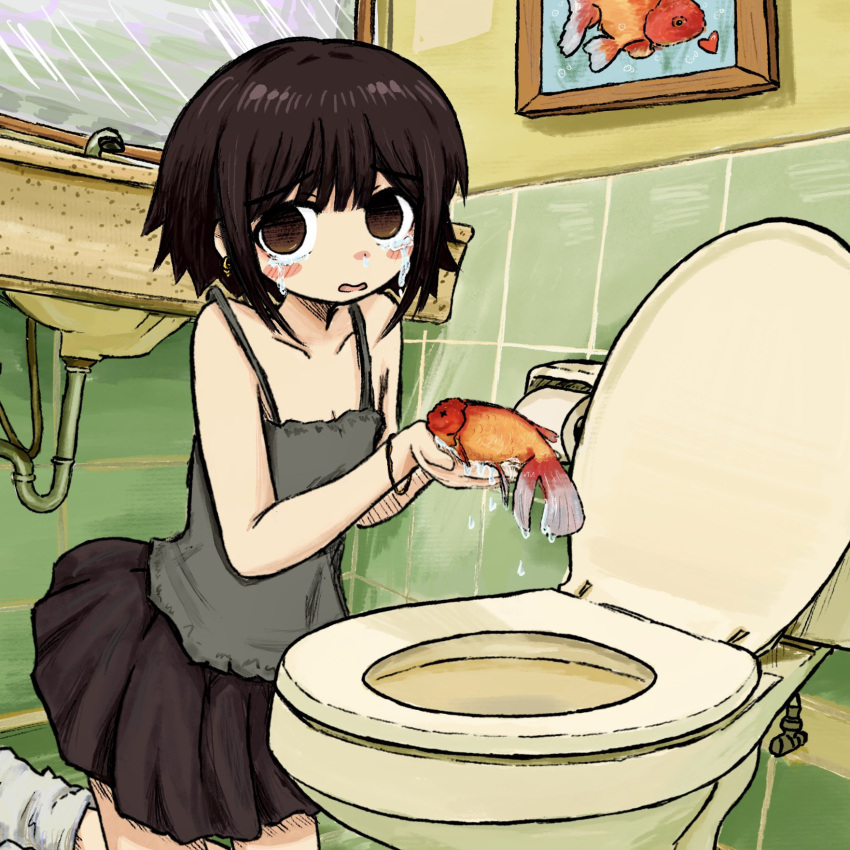 1girl bare_shoulders bathroom black_skirt blush_stickers breasts brown_eyes brown_hair bubbacterial camisole character_request cleavage collarbone copyright_request cowboy_shot crying crying_with_eyes_open earrings fish fishing_rod goldfish grey_camisole hands_up highres holding holding_fishing_rod indoors jewelry kneeling looking_at_viewer miniskirt mirror on_floor open_mouth picture_(object) pleated_skirt runny_nose shirt short_hair sidelocks sink skirt small_breasts snot solo tareme tears toilet toilet_paper white_shirt