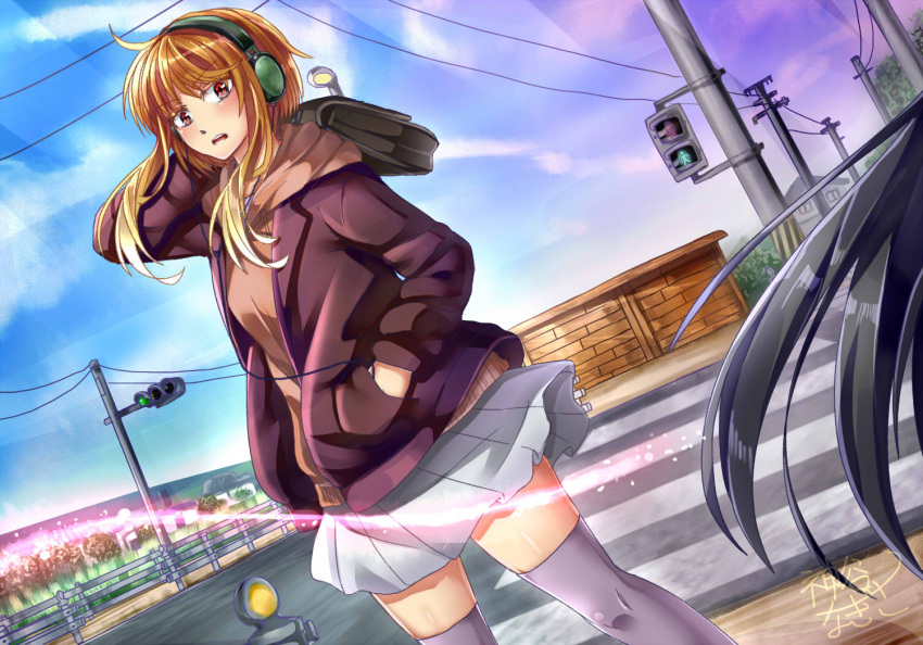 1girl bag black_coat black_hair brown_eyes brown_hair brown_hoodie coat crosswalk day dutch_angle fence glint grey_thighhighs hand_in_pocket headphones holding holding_bag hood hoodie house lamppost long_sleeves okahinagi original outdoors power_lines school_bag skirt thighhighs traffic_light utility_pole white_skirt