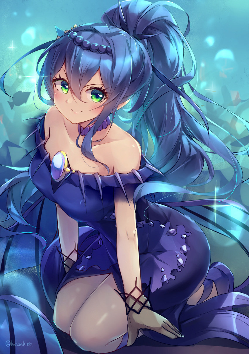 1girl absurdres bare_shoulders blue_dress blue_hair breasts dress duel_monster full_body gloves green_eyes hair_between_eyes hair_ornament highres kanzakietc long_hair marincess_springirl off-shoulder_dress off_shoulder ponytail see-through_gloves smile solo underwater yu-gi-oh!