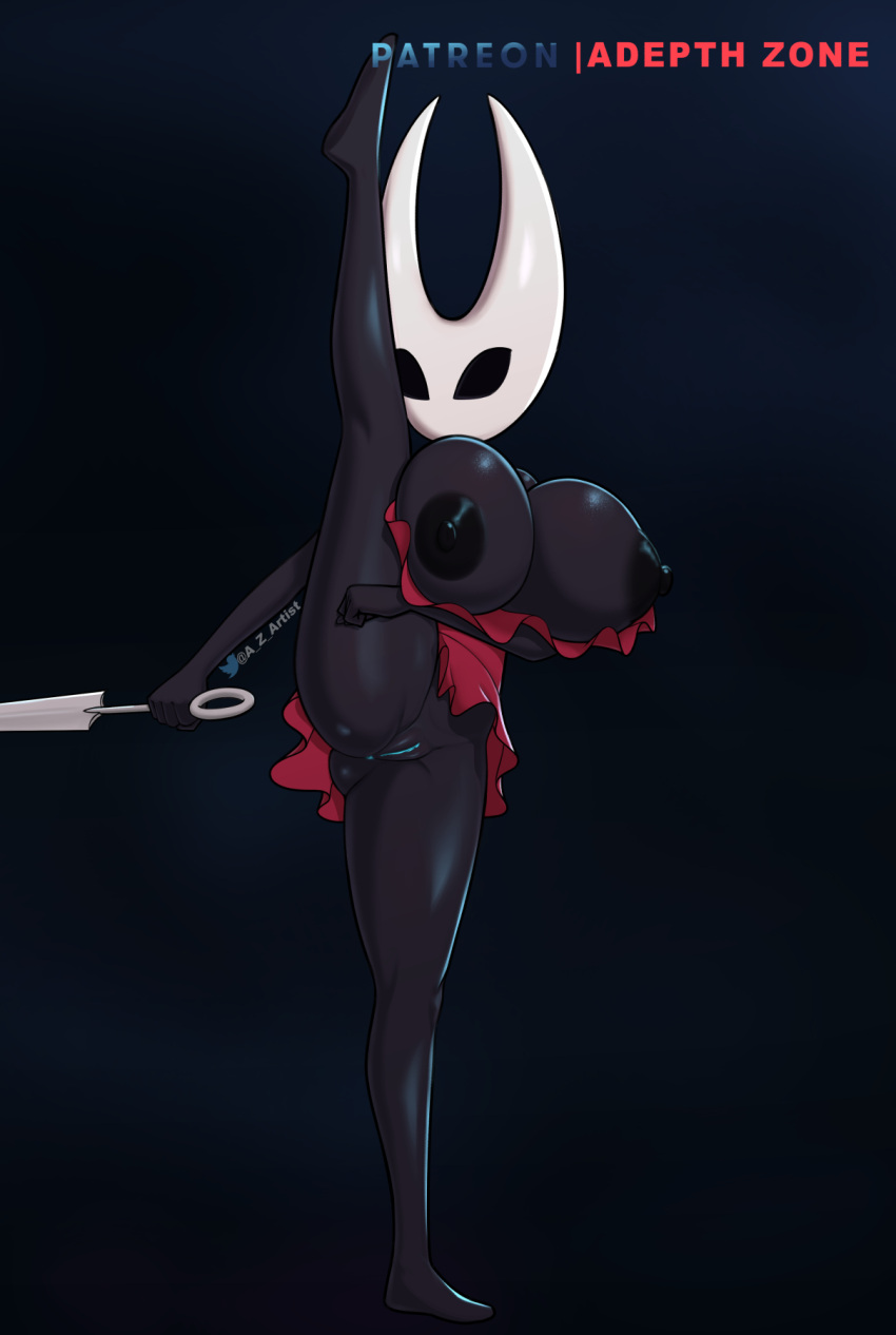 a_z_artist anthro anus arachnid areola arthropod big_areola big_breasts big_butt black_body black_eyes bottomless breasts butt clothed clothing exposed_breasts female flexible genitals hi_res holding_breast holding_object holding_weapon hollow_knight hornet_(hollow_knight) huge_breasts humanoid_genitalia humanoid_pussy nipples non-mammal_breasts non-mammal_nipples on_one_leg one_leg_up presenting presenting_breasts presenting_pussy pussy raised_clothing raised_leg simple_background solo spider splits spread_legs spreading standing team_cherry topwear topwear_down topwear_only vertical_splits weapon