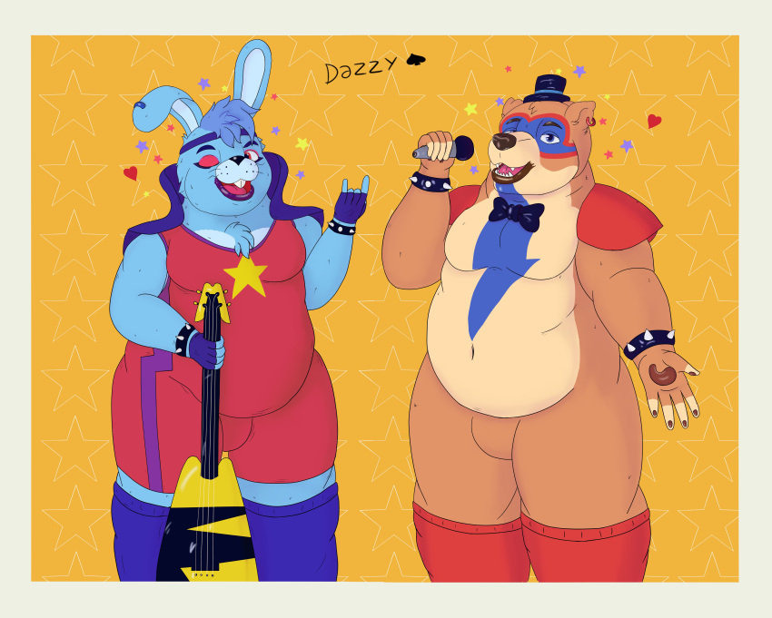 absurd_res anthro bear belly chest_tuft clothing dazzlingfoxxo duo ear_piercing five_nights_at_freddy's five_nights_at_freddy's:_security_breach glamrock glamrock_bonnie_(fnaf) glamrock_freddy_(fnaf) guitar hat headgear headwear hi_res lagomorph legwear leporid lips looking_at_viewer makeup male mammal musical_instrument overweight pawpads piercing plucked_string_instrument rabbit romantic romantic_couple scottgames steel_wool_studios string_instrument thick_lips tight_clothing top_hat tuft
