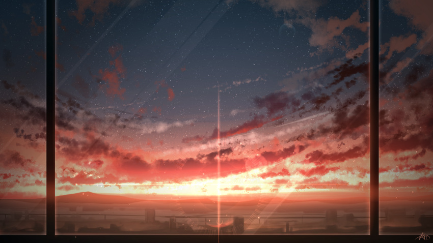 chinese_commentary cityscape cloud commentary_request highres horizon lens_flare light_rays mountainous_horizon no_humans original outdoors rune_xiao scenery signature sky star_(sky) starry_sky still_life sun sunset