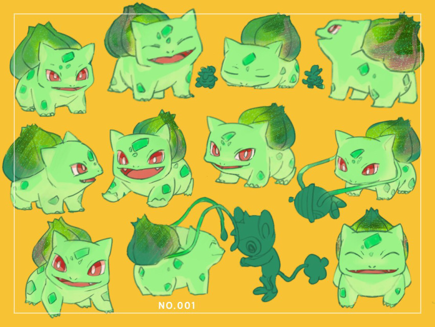 aipom animal_focus bright_pupils bulbasaur closed_eyes expressions fangs no_humans nostrils open_mouth plant pokedex_number pokemon pokemon_(creature) red_eyes saba_(atnpr) seedot vines white_pupils yellow_background