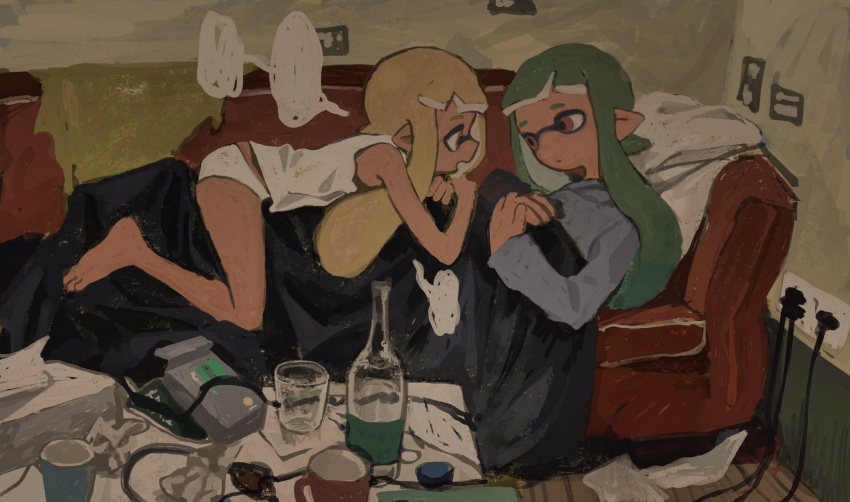 2girls agent_3_(splatoon) agent_3_(splatoon_3) barefoot blank_speech_bubble blanket blonde_hair bottle closed_mouth couch cup dr_mice electrical_outlet green_hair highres indoors inkling inkling_girl long_hair lying lying_on_person mug multiple_girls on_back open_mouth orange_eyes panties pointy_ears speech_bubble splatoon_(series) splatoon_3 table tank_top tentacle_hair tissue_box underwear white_panties white_tank_top yuri