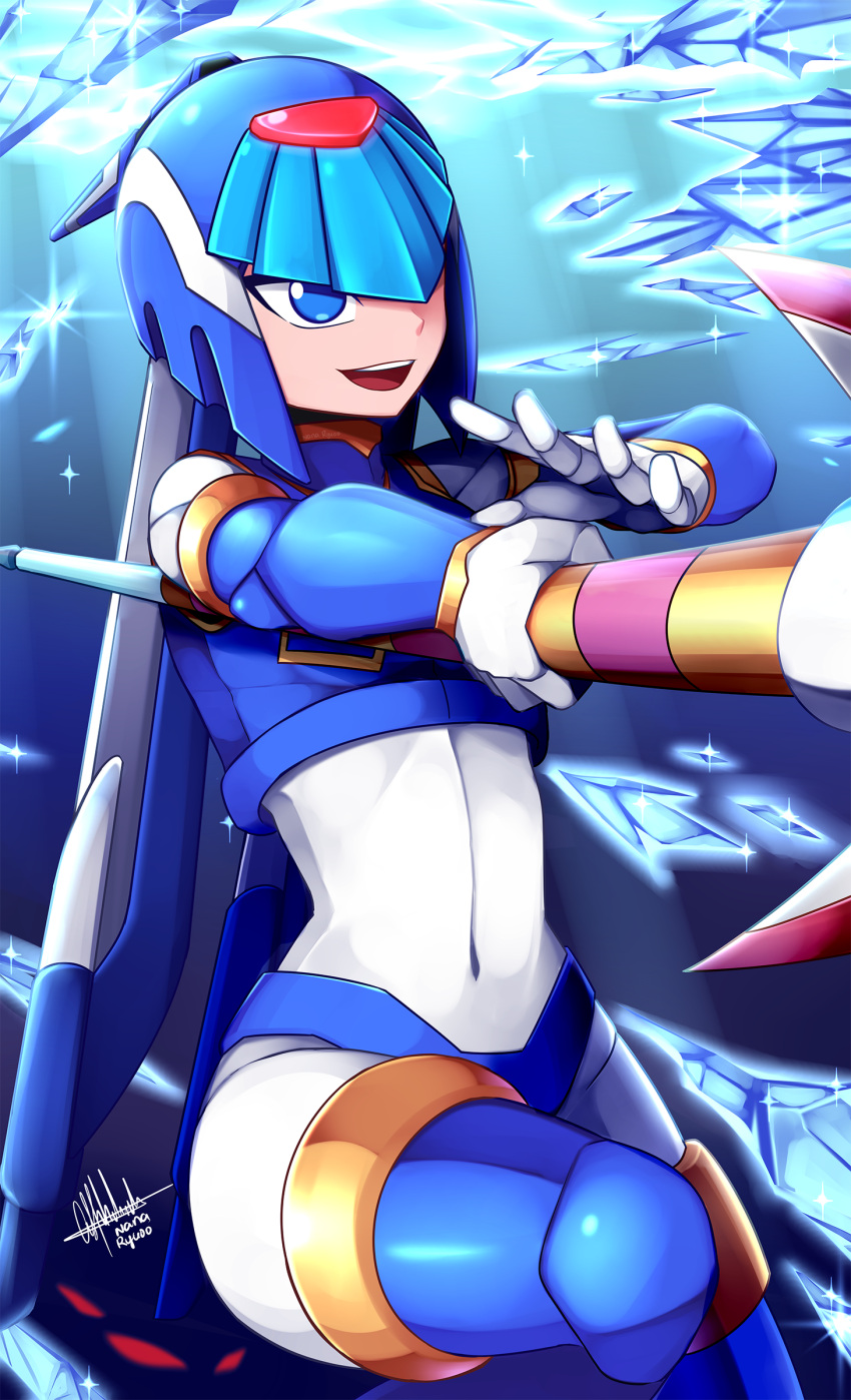 1girl absurdres android blue_eyes crystal gloves helmet highres holding holding_polearm holding_weapon ice leg_up leviathan_(mega_man) mega_man_(series) mega_man_x_(series) mega_man_x_dive mega_man_zero nanayaryuoo open_mouth polearm robot robot_girl signature smile spear thighhighs underwater water weapon white_gloves