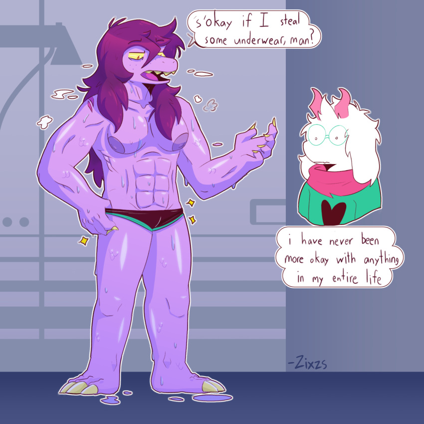 anthro bovid caprine clothed clothing deltarune dragon duo female goat hi_res male male/female mammal partially_clothed ralsei shower stare susie_(deltarune) talons undertale_(series) wet zixzs-redlight