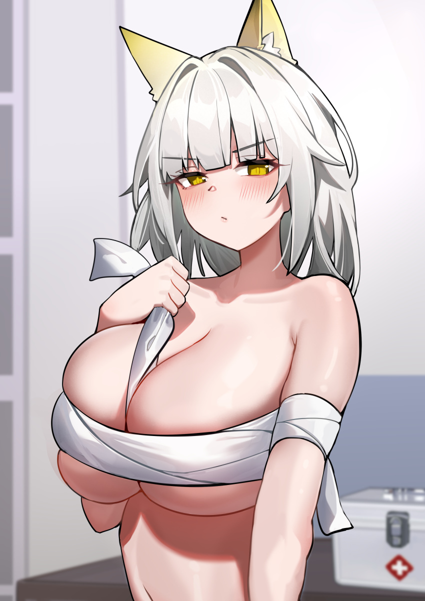 1girl absurdres alternate_breast_size animal_ear_fluff animal_ears arknights between_breasts blunt_bangs blurry blurry_background blush breasts cat_ears chinese_commentary cleavage closed_mouth commentary_request cross depth_of_field first_aid_kit greek_cross grey_hair hand_on_own_chest hand_up highres holding_strap huge_breasts indoors kal'tsit_(arknights) long_hair looking_at_viewer sarashi shuibo solo upper_body yellow_eyes