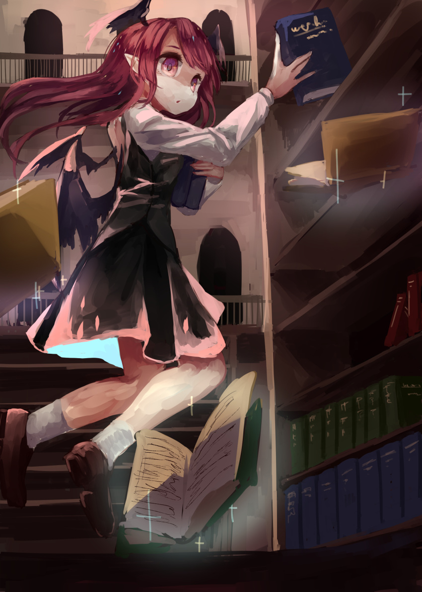 1girl absurdres bat_wings black_skirt black_vest book book_stack bookshelf brown_footwear flying from_side full_body head_wings highres holding holding_book ijen_(ljenejl) indoors koakuma library long_hair long_sleeves looking_at_viewer looking_to_the_side open_book pointy_ears red_eyes red_hair shirt shoes skirt socks solo touhou vest voile white_shirt white_socks wings