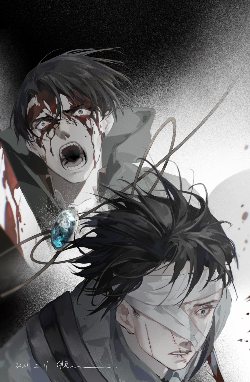 1boy absurdres bandage_over_one_eye bandaged_head bandages black_hair blood blood_on_face chinese_commentary chitudeyiling commentary floating_hair highres jewelry levi_(shingeki_no_kyojin) looking_ahead multiple_views necklace remembering sanpaku shingeki_no_kyojin short_hair shouting stitches