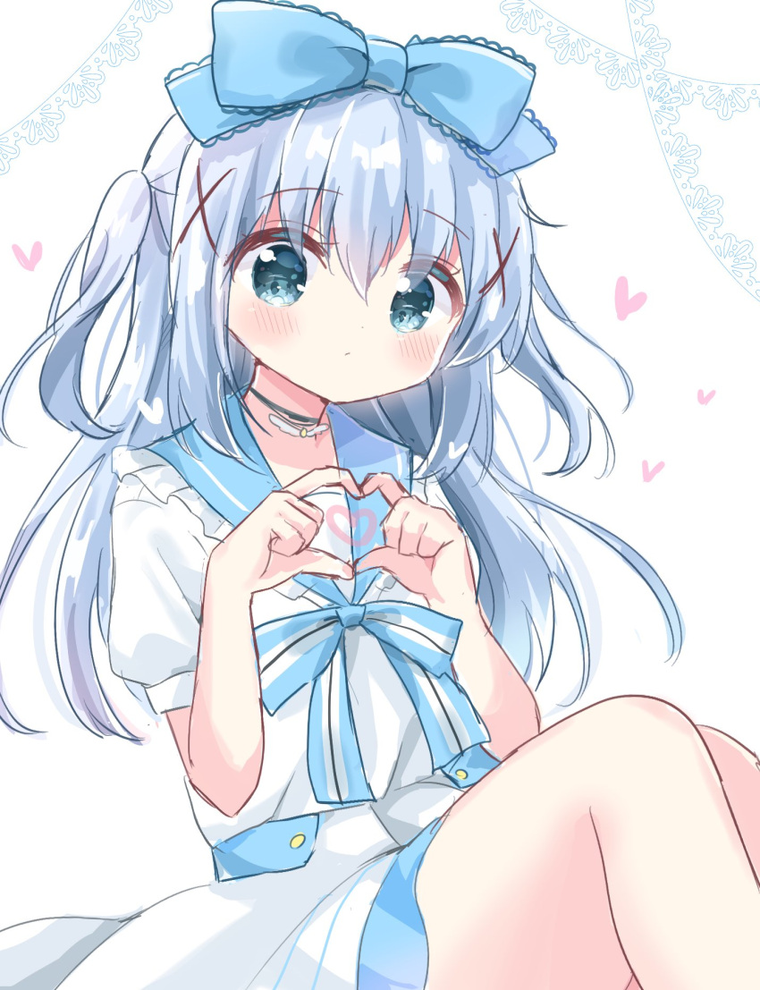 1girl blue_eyes blue_hair bow dress gochuumon_wa_usagi_desu_ka? hair_bow hair_ornament highres kafuu_chino mike_mochi sailor_dress sidelocks x_hair_ornament