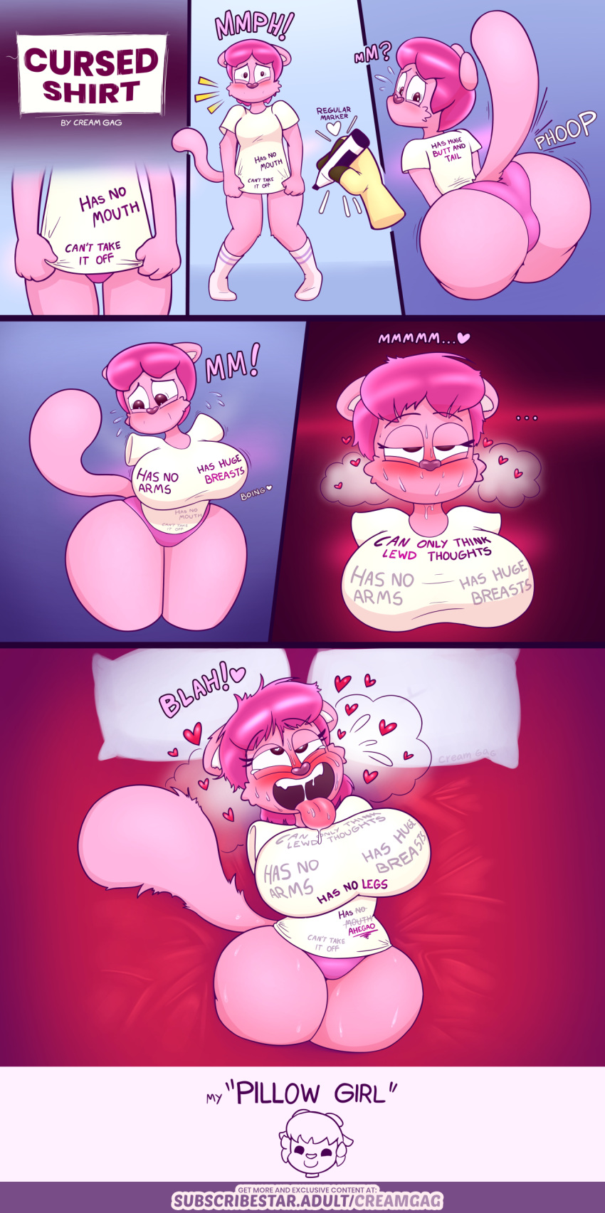 &lt;3 2023 absurd_res ahegao amputee anthro armless bed big_breasts blush bodily_fluids breast_expansion breasts butt butt_expansion clothing creamgag cursed_clothing digital_media_(artwork) disability domestic_cat duo expansion felid feline felis female forced forced_transformation fur furniture grace_(creamgag) hair hi_res looking_pleasured mammal mind_control mouthless on_bed pillow pink_body pink_clothing pink_fur pink_hair pink_underwear quadruple_amputee shirt smile solo solo_focus sweat tail_expansion tears text tongue tongue_out topwear transformation underwear url
