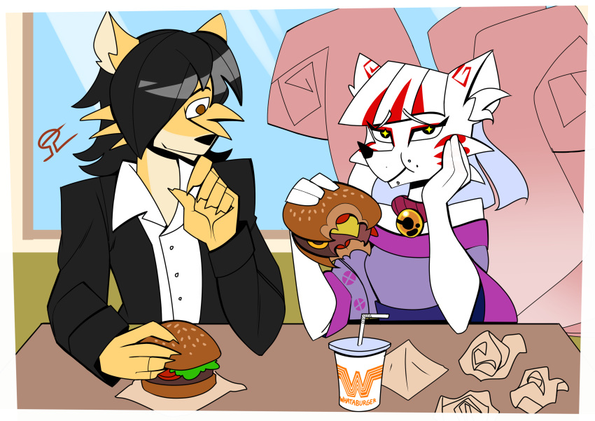 absurd_res alvh-omega amused anthro asian_clothing asian_mythology bell bell_collar beverage black_hair blissful brown_eyes burger canid canine canis choker claws clothed clothing collar collared_shirt coyote duo east_asian_clothing east_asian_mythology eating eating_food female food fox fox_spirit fur fur_markings hair hi_res highlights_(coloring) jacket jewelry male male/female mammal markings multi_tail multicolored_body multicolored_fur mythology naoko_(alvh-omega) necklace restaurant ruben_(djcoyoteguy) spirit tail texas topwear two_tone_body two_tone_fur white_body white_fur white_hair yellow_body yellow_fur