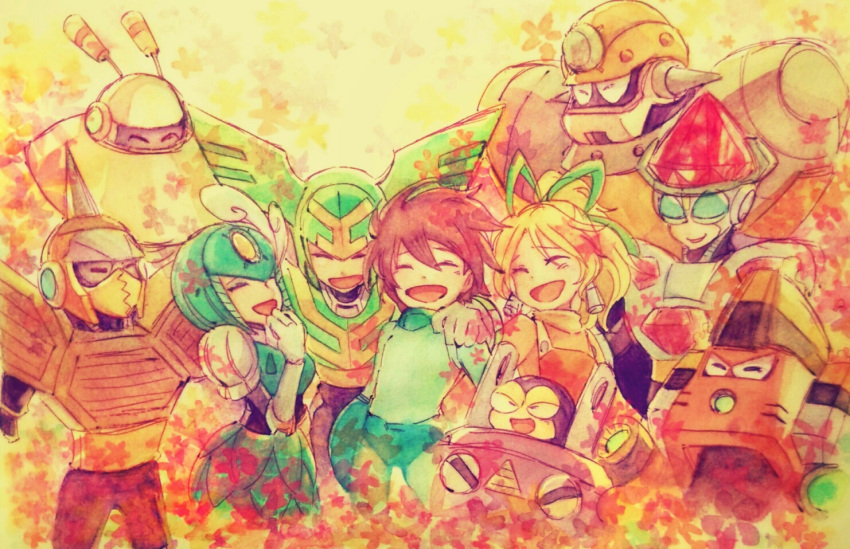 2girls 6+boys arm_cannon blonde_hair blue_bodysuit blue_headwear bodysuit brown_hair closed_eyes commentary_request concrete_man dress everyone galaxy_man gem green_headwear hand_on_another's_shoulder happy helmet honeycomb_(pattern) hornet_man horns jewel_man long_hair magma_man mega_buster mega_man_(character) mega_man_(classic) mega_man_(series) mega_man_9 mermaid monster_girl multiple_boys multiple_girls no_headwear open_mouth orange_headwear plug plug_man red_dress robot robot_girl roll_(mega_man) short_hair smile splash_woman takenokonoko tornado_man traditional_media ufo weapon