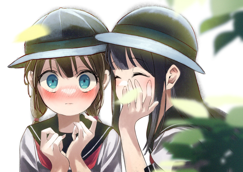 2girls absurdres arisugawa_bii black_hair black_headwear black_sailor_collar blue_eyes blunt_bangs blurry blurry_foreground blush brown_hair bucket_hat closed_eyes closed_mouth commentary hair_between_eyes hands_up hat highres long_hair low_twintails multiple_girls neckerchief nose_blush original red_neckerchief sailor_collar school_uniform serafuku shirt sidelocks twintails upper_body wavy_mouth whispering_in_ear white_serafuku white_shirt wide-eyed yuri