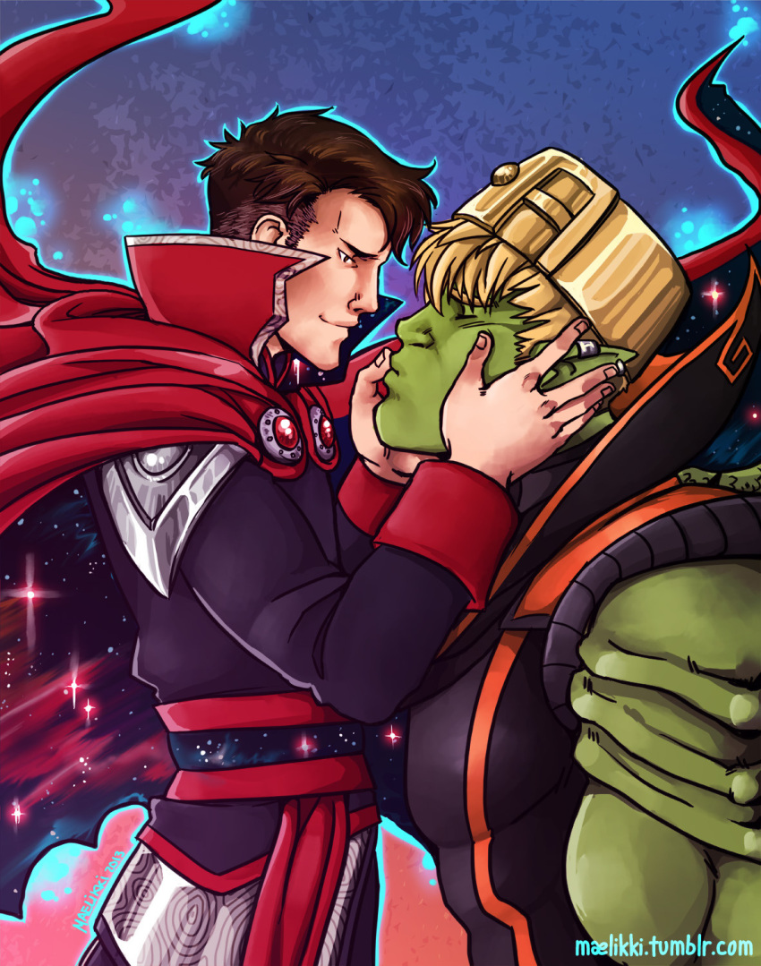 2boys aged_up alternate_costume bara black_bodysuit black_hair blonde_hair bodysuit colored_skin couple crown ear_piercing finger_to_another's_mouth floating_cape from_side green_skin hand_on_another's_cheek hand_on_another's_face highres hulkling imminent_kiss interspecies maelikki male_focus marvel multiple_boys muscular muscular_male pectorals piercing short_hair sideburns sleeveless smile starry_bodysuit telekinesis thick_eyebrows toned toned_male undercut upper_body wiccan yaoi young_avengers