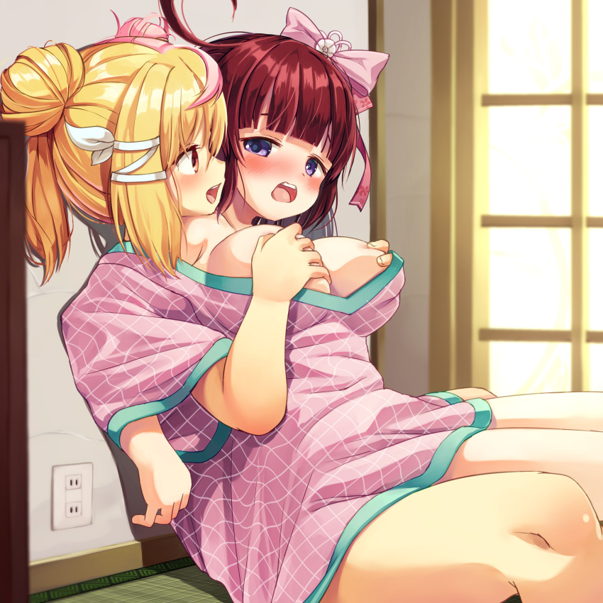 2girls absurdres ahoge blonde_hair blush bow breasts grabbing grabbing_another's_breast hair_bow highres large_breasts looking_at_another multicolored_hair multiple_girls naked_shirt open_mouth original pink_hair purple_eyes red_hair shared_shirt shirt smile streaked_hair thighs wanashi_tam yuri
