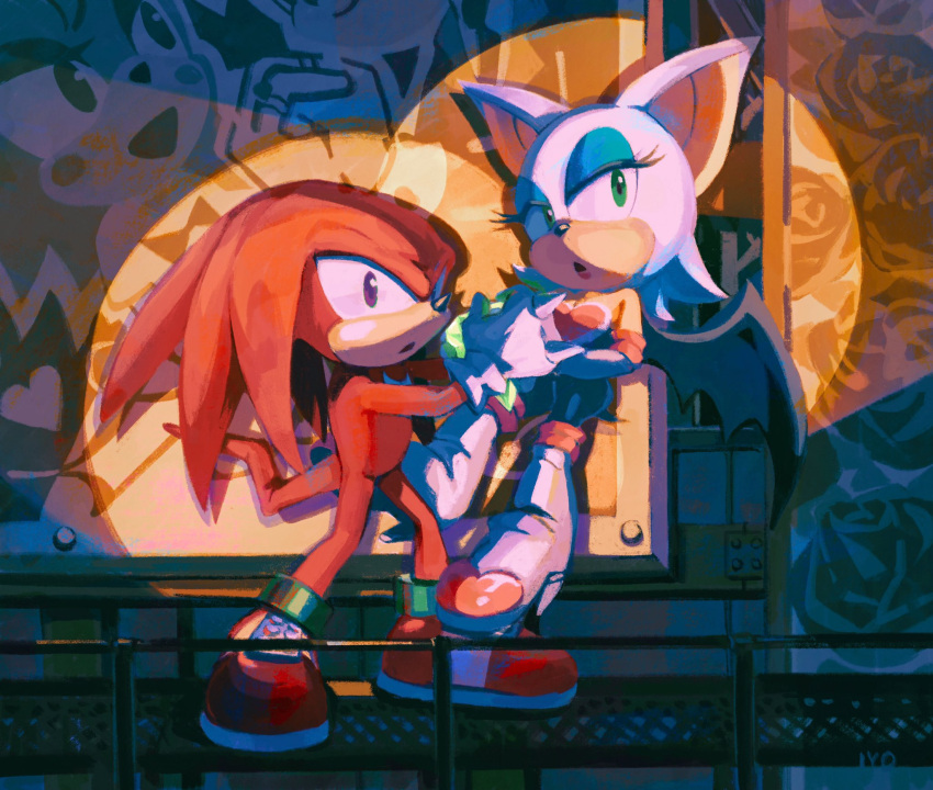 1boy 1girl bat_wings chaos_emerald commentary_request flying green_eyes highres iyo_(1eavethebus) knuckles_the_echidna light looking_at_viewer painting_(object) purple_eyes rouge_the_bat sonic_(series) sonic_adventure_2 wings