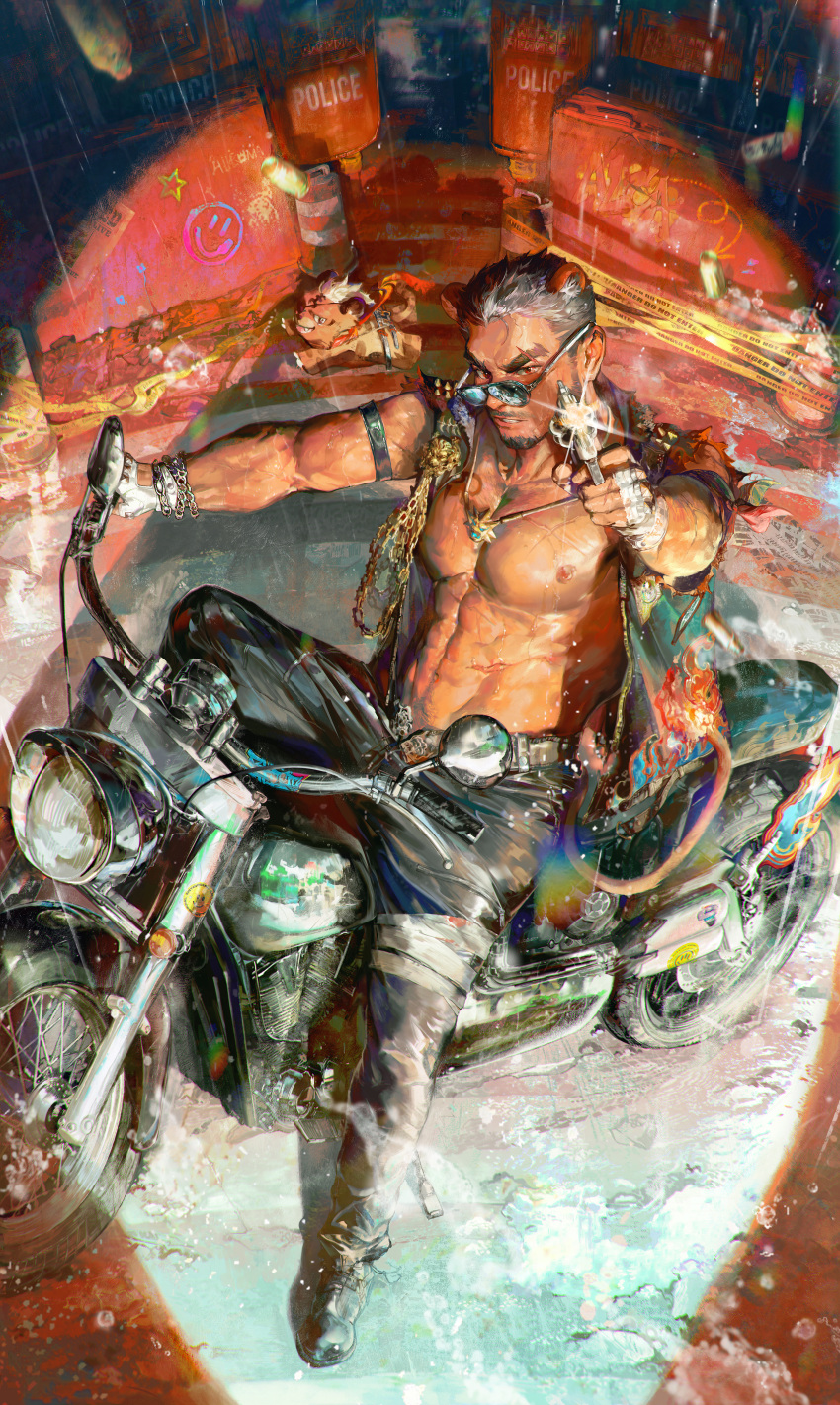 1boy abs absurdres aiming aiming_at_viewer alca_(wakatanka4) animal_ears bara bare_pectorals black_pants black_vest daylightallure fingerless_gloves gloves gun gyee highres holding holding_gun holding_weapon large_pectorals lion_ears lion_tail male_focus motor_vehicle motorcycle muscular muscular_male navel nipples open_clothes open_vest pants pectorals sunglasses tail vest weapon white_gloves