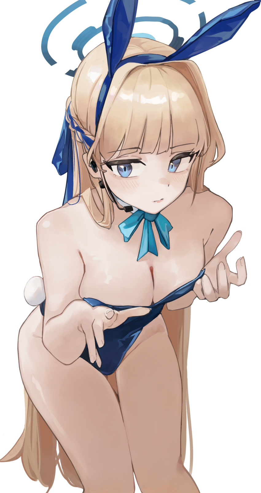 1girl absurdres animal_ears aqua_ribbon bare_legs bare_shoulders blonde_hair blue_archive blue_eyes blue_leotard blunt_bangs blush braid breasts cleavage detached_collar feet_out_of_frame french_braid groin halo headset highres jun_daniell leotard long_hair looking_at_viewer medium_breasts official_alternate_costume playboy_bunny rabbit_ears rabbit_tail ribbon simple_background solo tail toki_(blue_archive) toki_(bunny)_(blue_archive) very_long_hair white_background