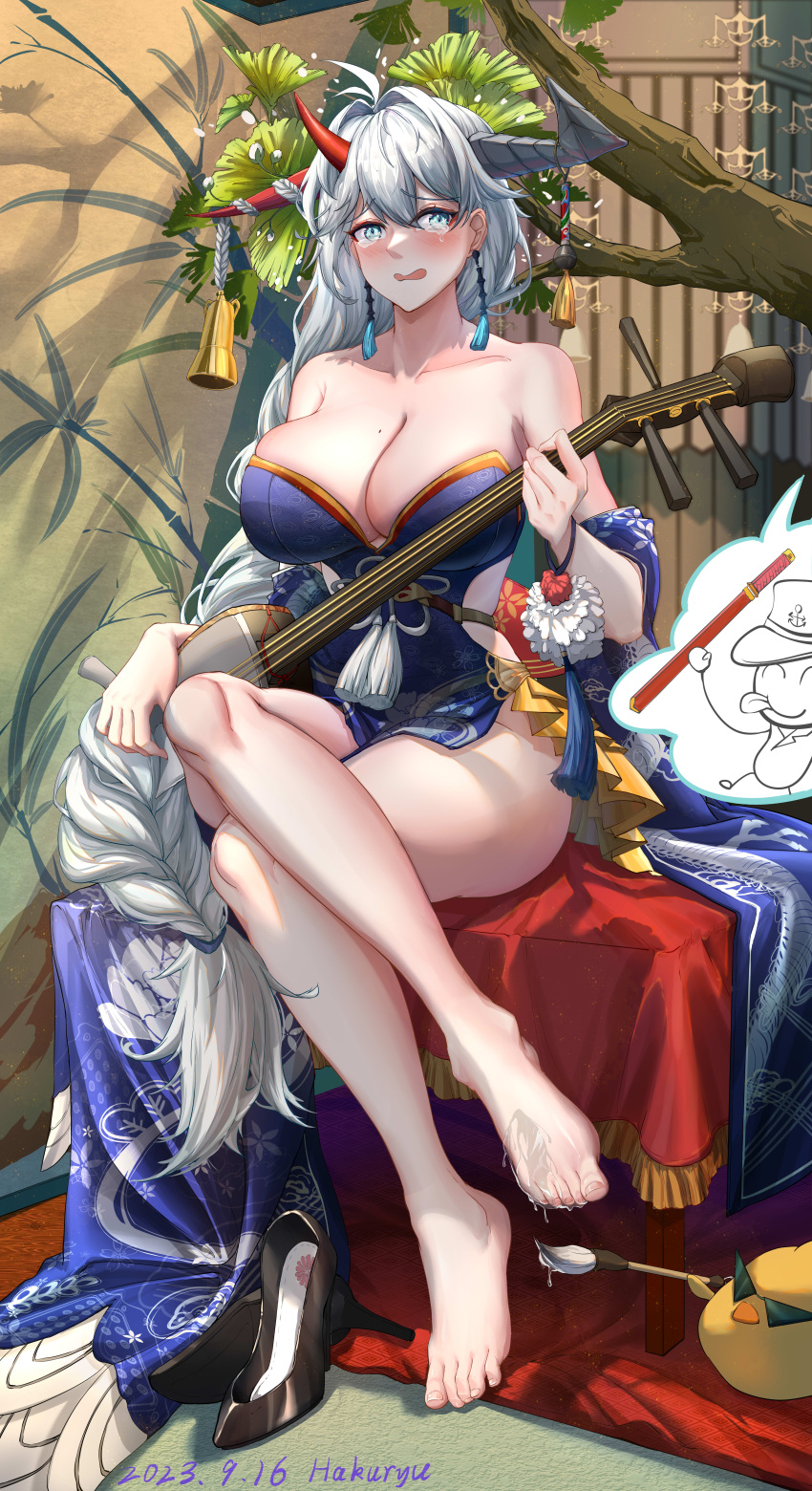 1girl 2023 absurdly_long_hair absurdres asymmetrical_horns azur_lane bare_shoulders black_footwear blush braid breasts character_name cleavage commander_(azur_lane) dated dragon_horns dragon_print earrings full_body hair_on_horn hakuryuu_(azur_lane) hakuryuu_(flash_of_silk_and_strings)_(azur_lane) high_heels highres holding holding_instrument holding_paintbrush holding_sword holding_weapon horns huge_breasts indoors instrument japanese_clothes jewelry kimono long_hair looking_to_the_side manjuu_(azur_lane) mole mole_on_breast official_alternate_costume paintbrush purple_kimono qiyedefeishazhanji red_horns shamisen sheath sheathed shoes shoes_removed sitting solo speech_bubble sunglasses sword tassel tassel_earrings triangular_eyewear very_long_hair weapon white_eyes white_hair white_horns