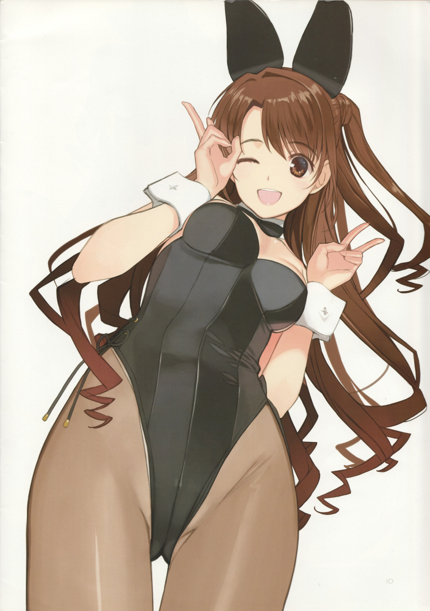 1girl absurdres animal_ears bare_shoulders breasts brown_eyes brown_hair detached_collar fake_animal_ears hair_ornament highleg highleg_leotard highres idolmaster idolmaster_cinderella_girls leotard medium_breasts mibu_natsuki playboy_bunny rabbit_ears scan shimamura_uzuki simple_background solo strapless strapless_leotard wrist_cuffs