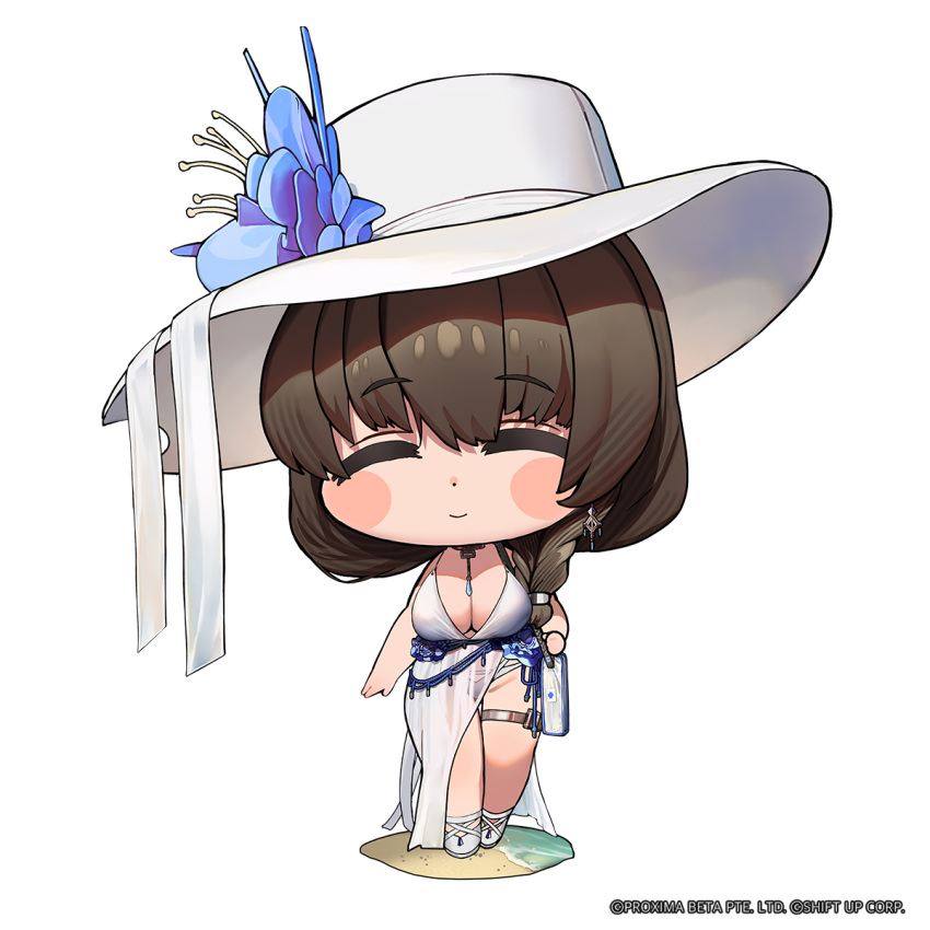 1girl bikini black_hair blue_flower blush_stickers braid breasts chibi closed_eyes closed_mouth dot_nose earrings flower full_body goddess_of_victory:_nikke hat hat_flower highres jewelry large_breasts light_smile long_hair mary_(bay_goddess)_(nikke) mary_(nikke) official_alternate_costume official_art solo standing swimsuit thigh_gap thigh_strap thighs totatokeke white_bikini white_footwear white_headwear