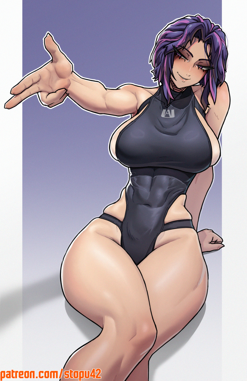 1girl abs absurdres armpits bare_shoulders blush boku_no_hero_academia breasts highres lady_nagant large_breasts multicolored_hair muscular muscular_female pink_hair purple_eyes purple_hair short_hair smile solo stopu thick_thighs thighs turtleneck two-tone_hair