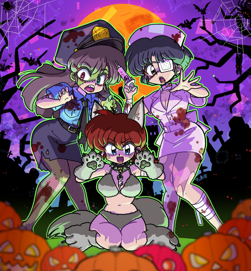 3girls animal_ears animal_hands belt black_belt blood blood_on_clothes blue_skirt brown_hair bug fangs halloween halloween_costume hat highres jack-o'-lantern kuonji_ukyou moon multiple_girls navel necktie nurse nurse_cap open_mouth police police_uniform policewoman purple_sky ranma-chan ranma_1/2 red_hair short_hair signature silk skirt sky spider spider_web tail tendou_akane tree uniform wanta_(futoshi) wolf_ears wolf_tail