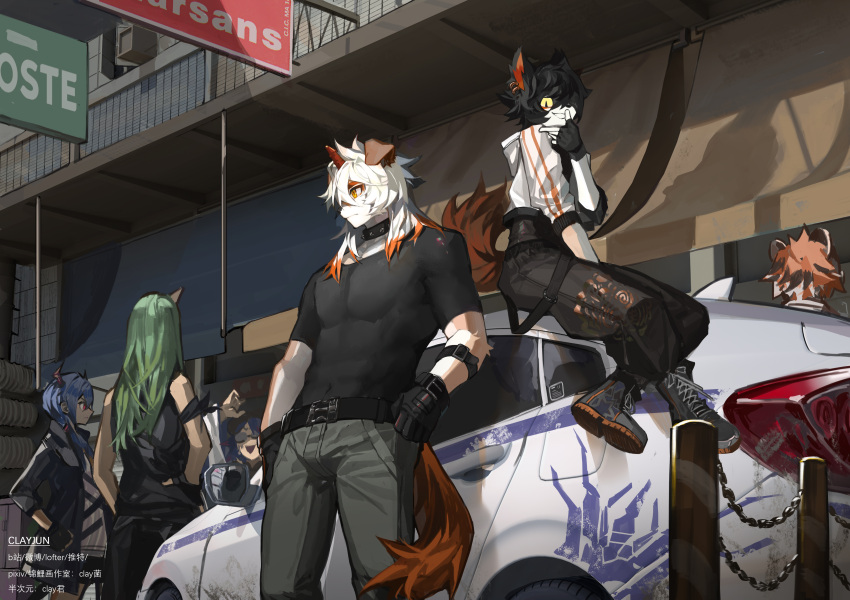 2021 aak_(arknights) absurd_res anthro arknights black_hair blue_hair bottomwear canid canine canis car chen_(arknights) clayjun clothed clothing collar domestic_cat domestic_dog ear_piercing felid feline felis female fingerless_gloves fully_clothed fur gloves green_hair group hair handwear hi_res hoshiguma_(arknights) humanoid hung_(arknights) hypergryph long_hair looking_at_viewer looking_away male mammal mr._nothing_(arknights) orange_body orange_fur pantherine pants piercing shirt studio_montagne t-shirt tan_body tan_fur tiger topwear vehicle waaifu_(arknights) white_body white_fur white_hair