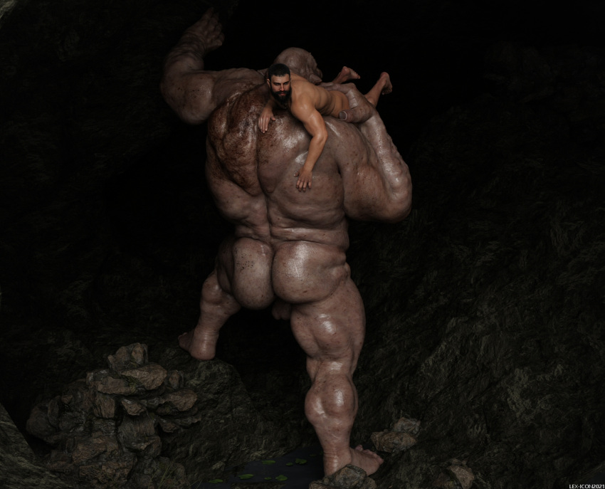 balls carrying_another carrying_partner duo genitals hi_res human humanoid lex-icon male male/male mammal muscular muscular_humanoid muscular_male ogre size_difference