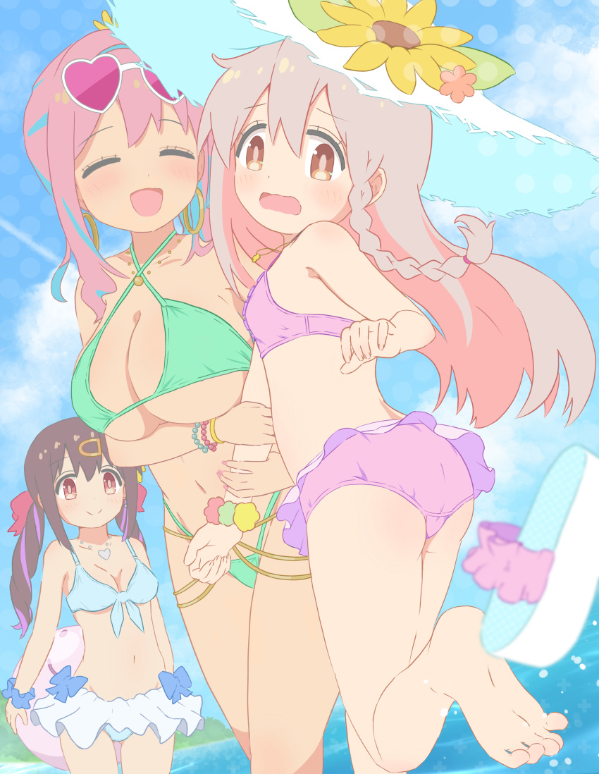 3girls :d :o ^_^ absurdres arm_hug arm_under_breasts ball bare_arms bare_legs beachball bead_bracelet beads bikini bikini_skirt black_hair blue_bikini bracelet braid breasts brown_eyes cafe_(owleelcafe) cleavage closed_eyes commentary cross cross_necklace day dot_nose earrings feet flower front-tie_bikini_top front-tie_top green_bikini grey_hair groin hair_between_eyes hair_ornament hairclip hand_on_headwear hat hat_flower heart heart-shaped_eyewear heart_necklace highres holding holding_ball holding_beachball hoop_earrings hozuki_kaede jewelry large_breasts medium_breasts multiple_girls navel necklace onii-chan_wa_oshimai! open_mouth outdoors oyama_mahiro oyama_mihari pink-tinted_eyewear pink_bikini pink_hair purple_hair scrunchie siblings side_braid single_barefoot sisters small_breasts smile soles stomach string_bikini sun_hat sunflower sunglasses swimsuit symbol-only_commentary tinted_eyewear toes twintails water white-framed_eyewear white_headwear wrist_scrunchie