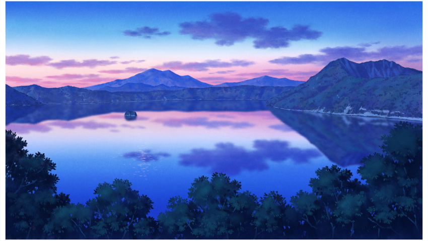 blue_sky cloud cloudy_sky forest hariken highres island mountain mountainous_horizon nature no_humans original plant red_sky reflection reflective_water scenery sky sunset tree