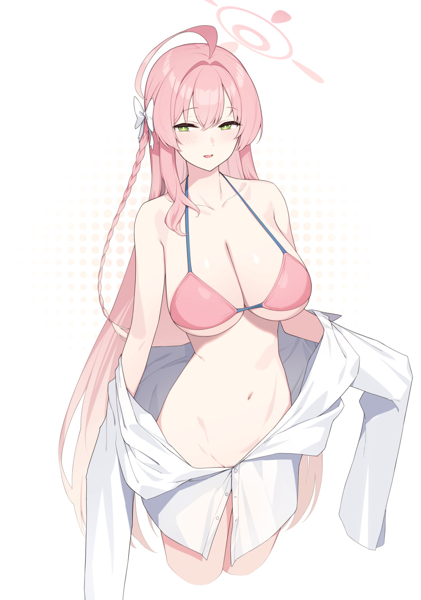 1girl absurdres ahoge bare_shoulders bikini blue_archive bow breasts cleavage collarbone enosan green_eyes hair_bow halo hanako_(blue_archive) highres large_breasts long_hair navel no_panties open_mouth pink_bikini pink_hair pink_halo shirt smile solo stomach swimsuit white_background white_bow white_shirt