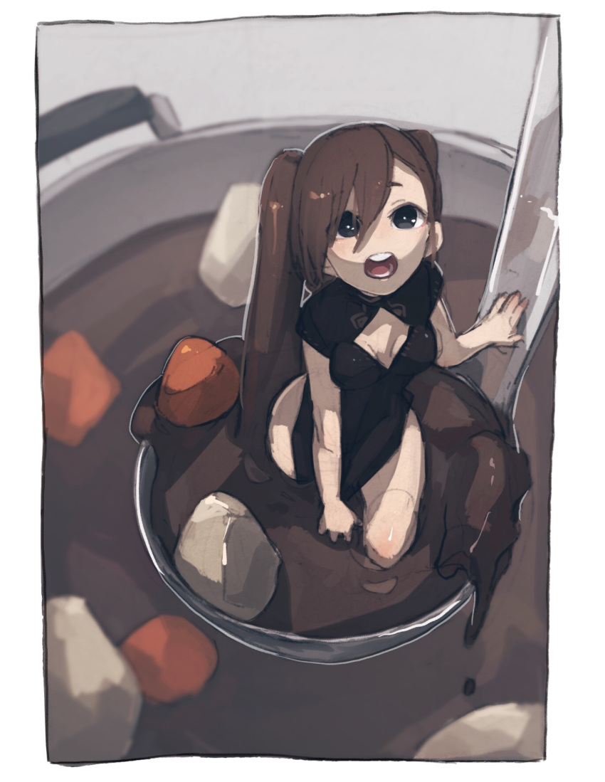 1girl bare_arms black_dress border brown_hair carrot china_dress chinese_clothes cleavage_cutout clothing_cutout cooking_pot daikon dress dress_tug food from_above hair_between_eyes highres in_container in_food kneeling ladle long_hair looking_at_viewer looking_up mini_person minigirl nanahyaku_torako open_mouth original pelvic_curtain radish sketch sleeveless sleeveless_dress solo soup twintails very_long_hair wading