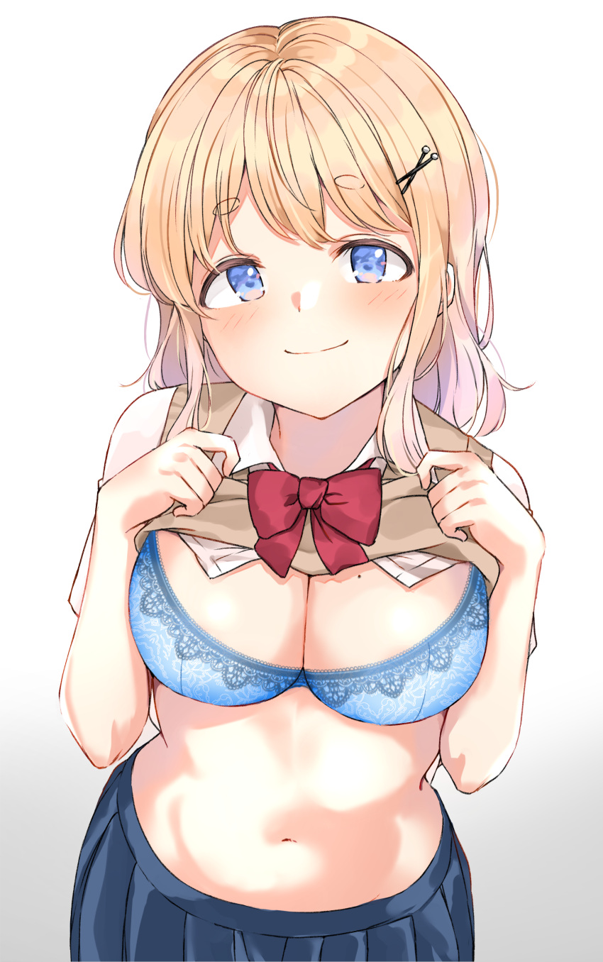 1girl absurdres blonde_hair blue_bra blue_eyes blue_skirt blush bow bowtie bra breasts brown_vest cleavage closed_mouth clothes_lift collared_shirt dress_shirt hair_ornament hairclip hands_up highres looking_at_viewer medium_breasts medium_hair navel original pleated_skirt red_bow red_bowtie school_uniform shiitake_taishi shirt shirt_lift short_eyebrows simple_background skirt smile solo stomach sweater_vest thick_eyebrows underwear vest vest_lift white_background white_shirt x_hair_ornament