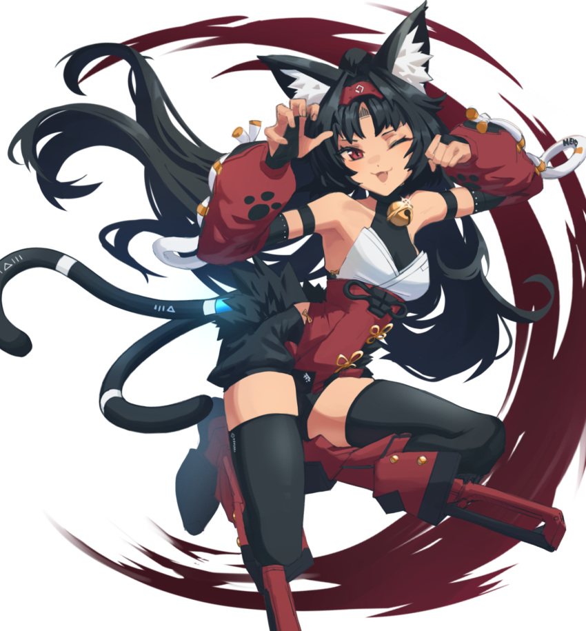 1girl animal_ear_fluff animal_ears bell black_fur black_hair black_thighhighs breasts cat_ears cat_girl cat_tail detached_sleeves hairband highres jingle_bell long_hair long_sleeves looking_at_viewer medium_breasts neck_bell nekomiya_mana one_eye_closed open_mouth radioneet red_eyes solo tail thighhighs zenless_zone_zero